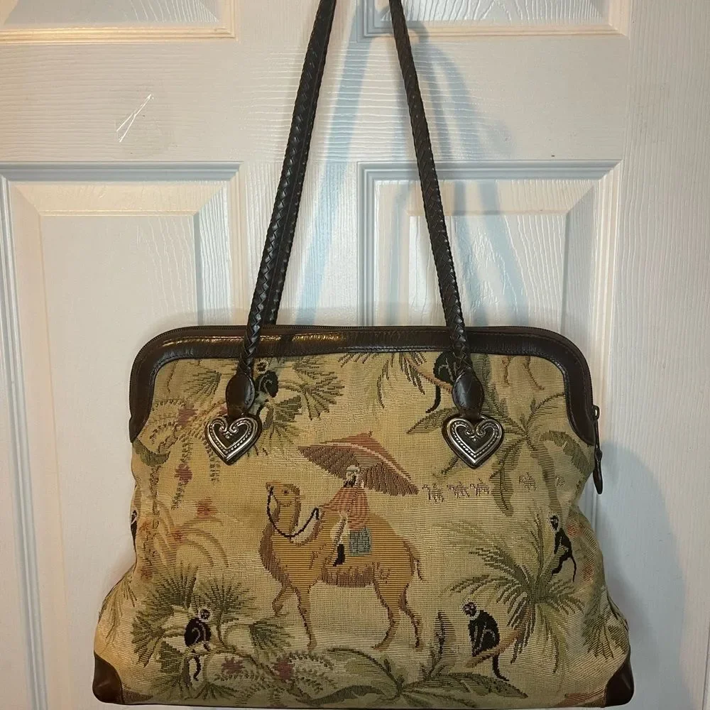 Brighton tapestry Safari prints large shoulder bag braided brown leather straps